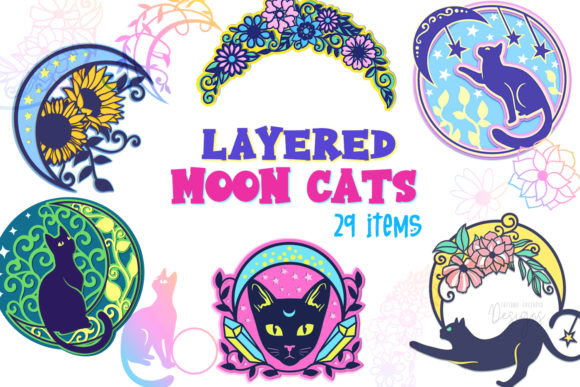 Layered Moon Cats 3D SVG for Shadow Boxes