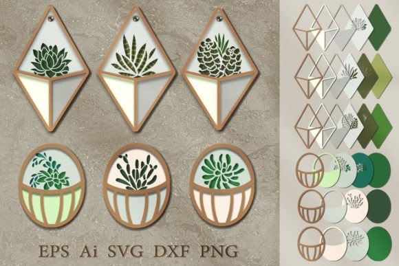 Layered Succulents in Decorative Pots 3D SVG Shapes